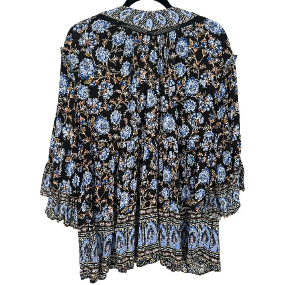 Free People Moonlight Dance‎ Floral Bell Sleeve Boho Tunic Top Blue Size Small